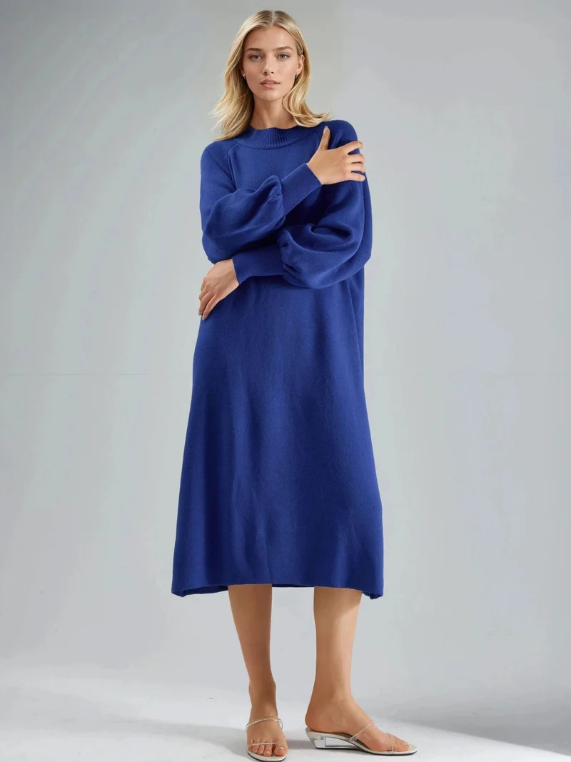 MY FASHION Long Loose Fit Ribbed Knit Dress with Crew Neck